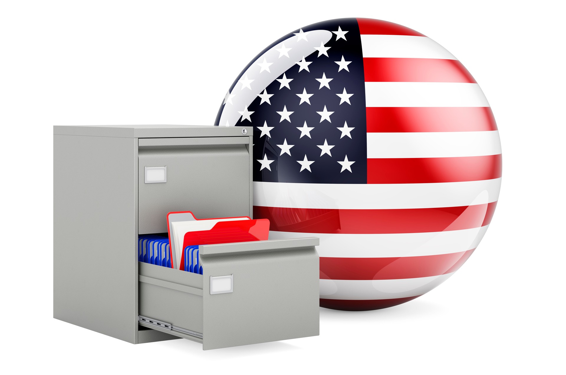 Database in the USA, concept. Folders in filing cabinet with the United States flag, 3D rendering