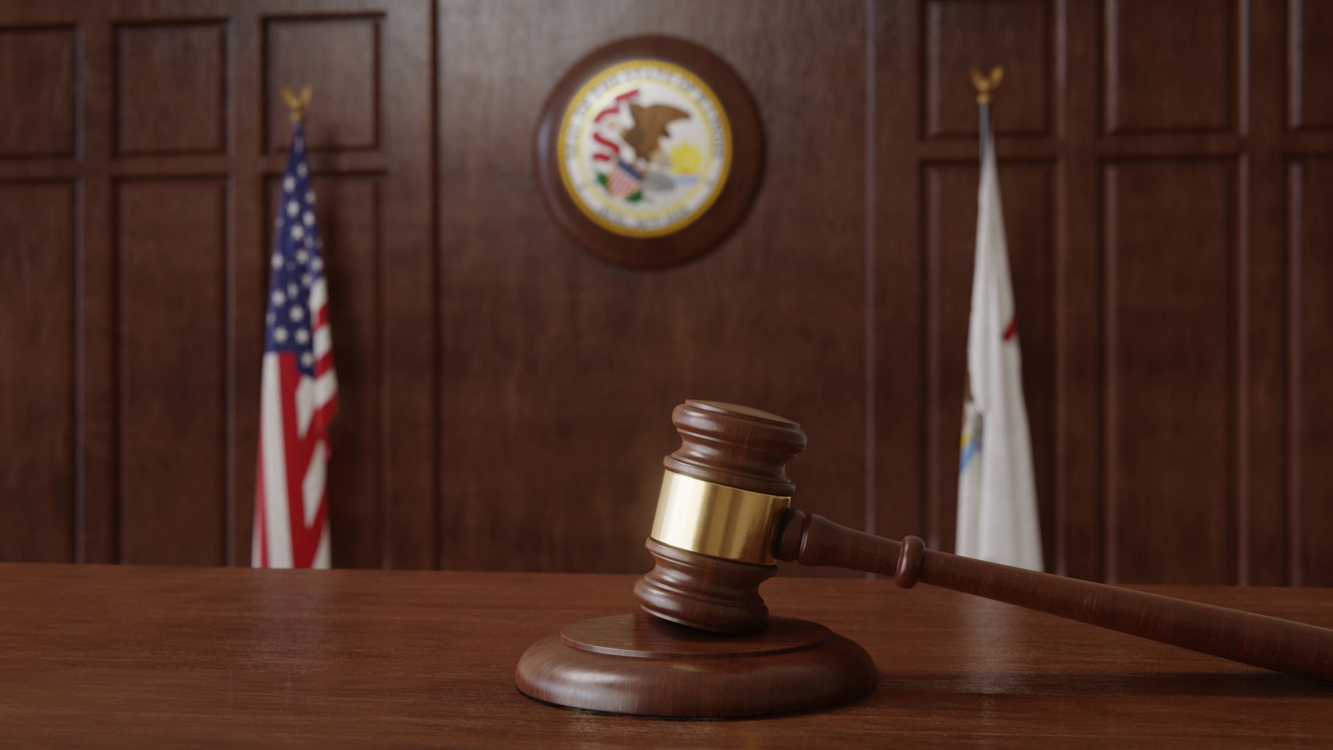 Courtroom scene with US flag and state seal and flag of the state of Illinois. 3d rendering