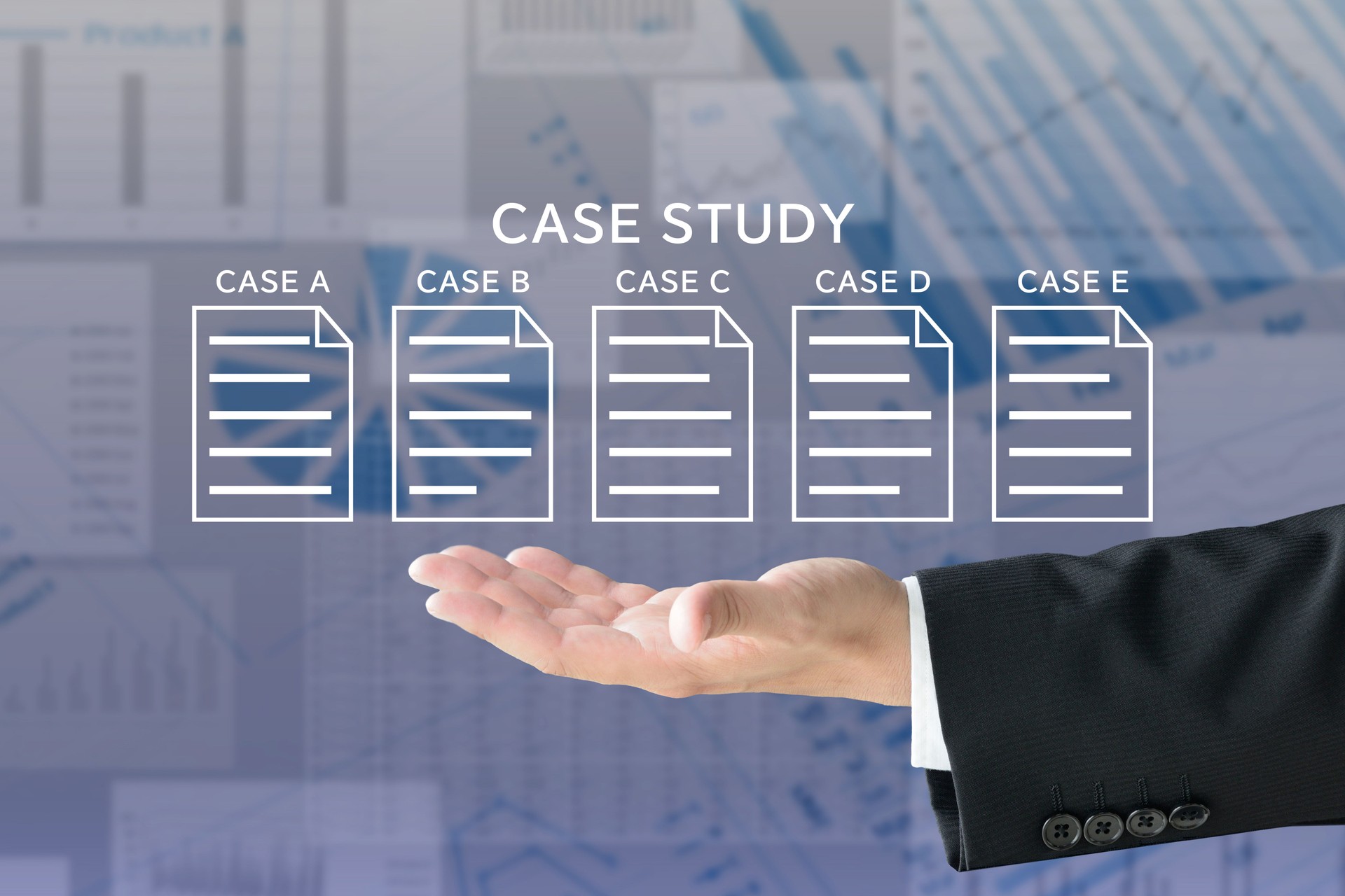 Business man's hand and report pictogram with case study word