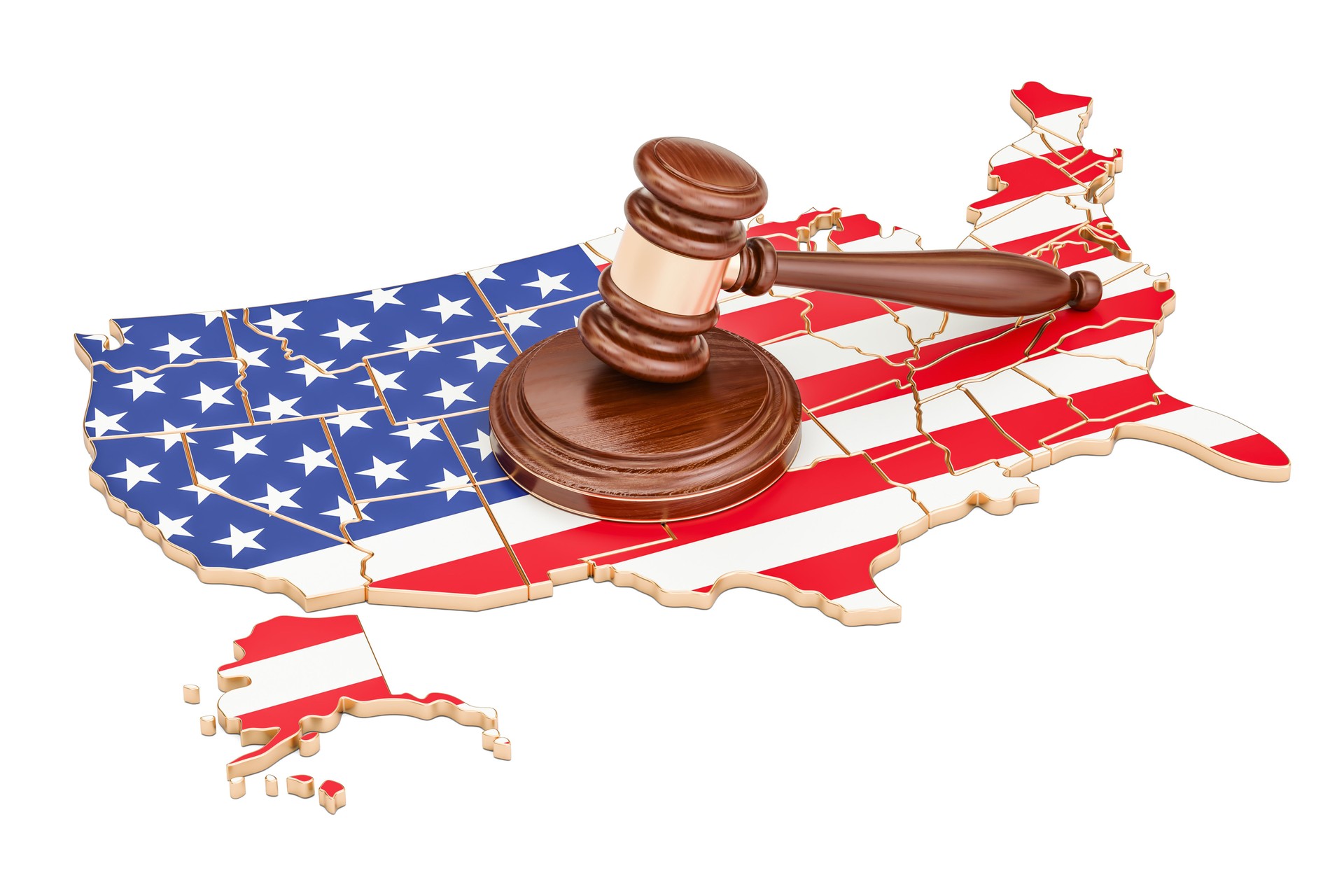 Wooden Gavel on map of USA, 3D rendering isolated on white background