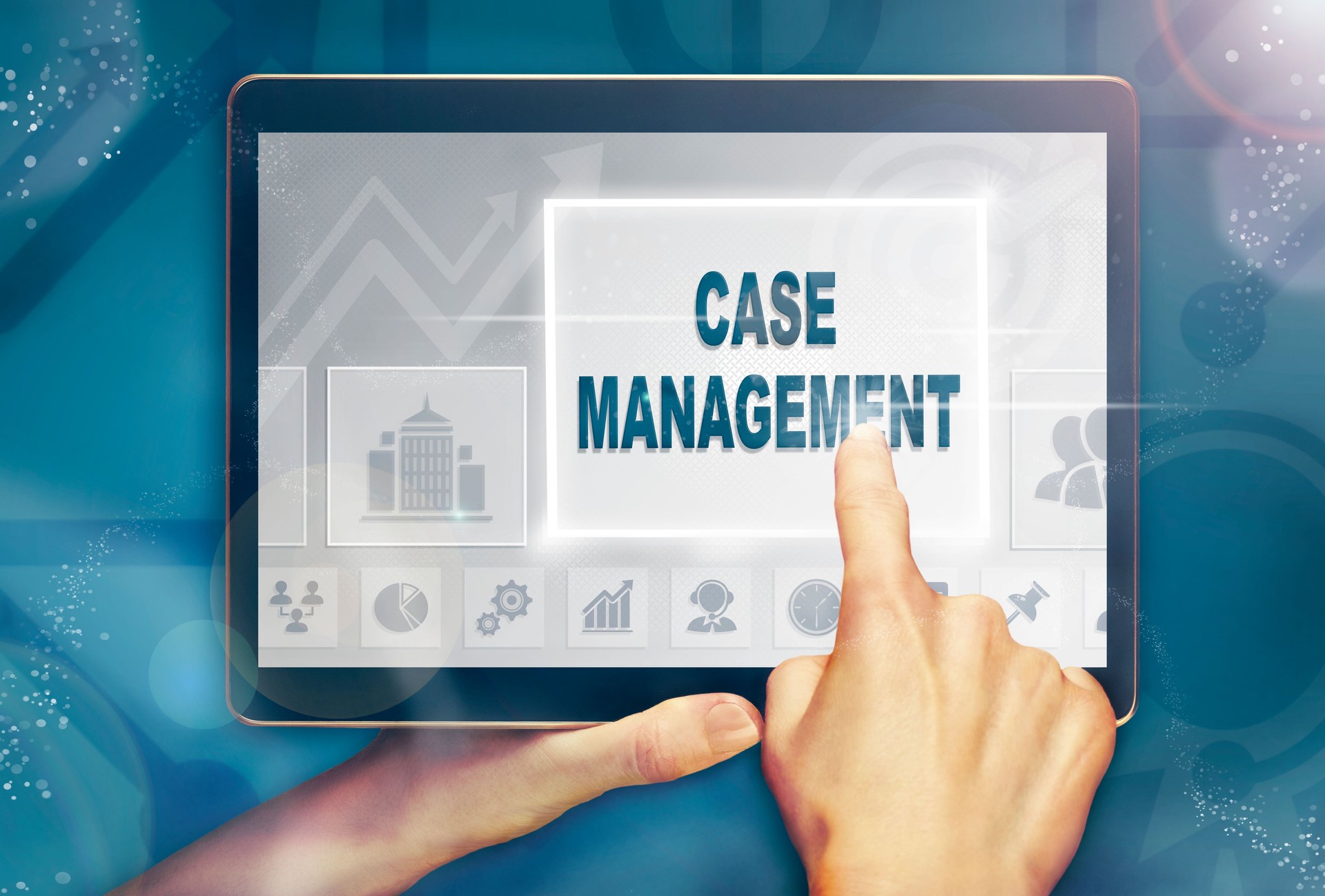 A hand holding a computer tablet and pressing a case management concept.